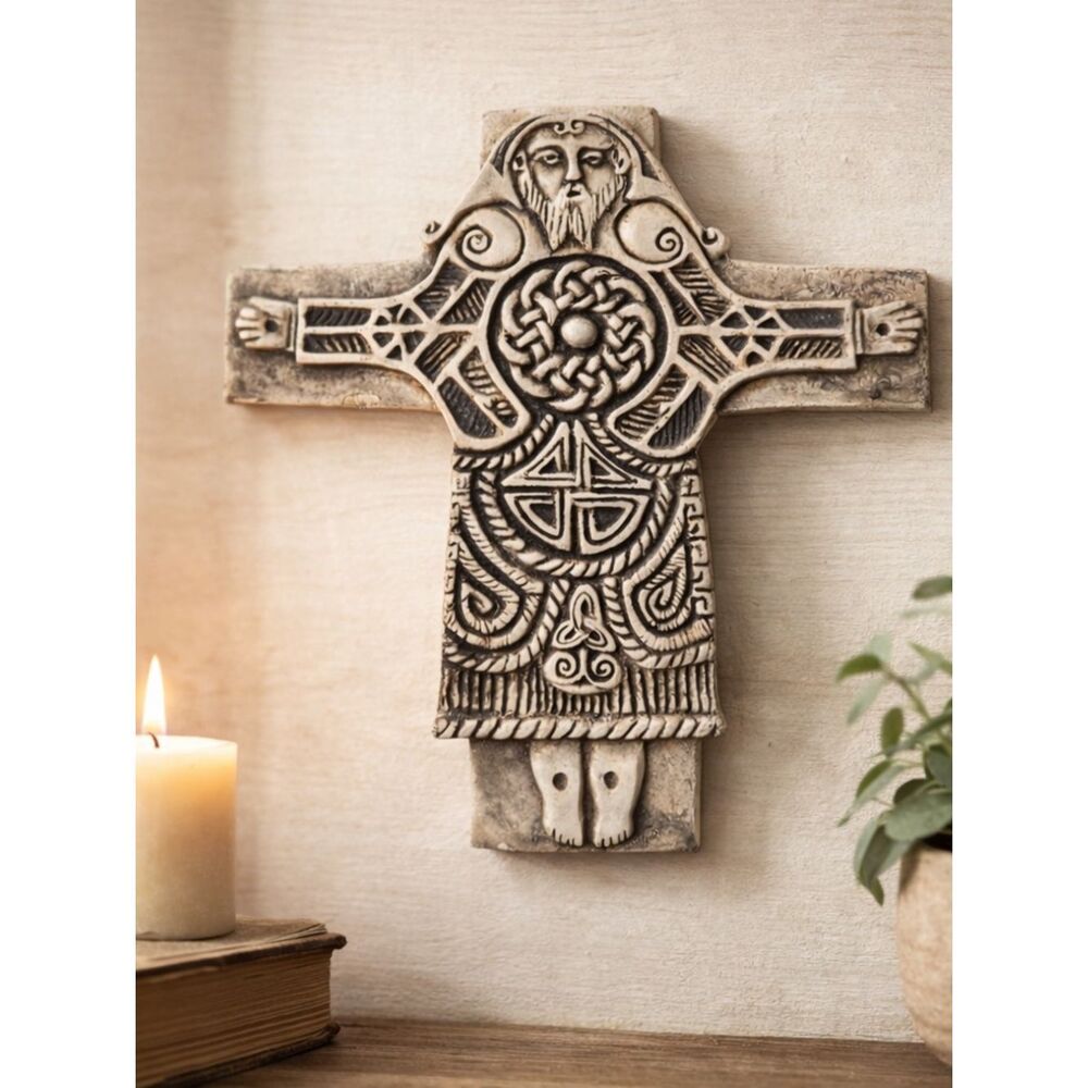 McHarp Celtic Stone Cross Wall Plaque 7.5” Religious Folk Art Decor